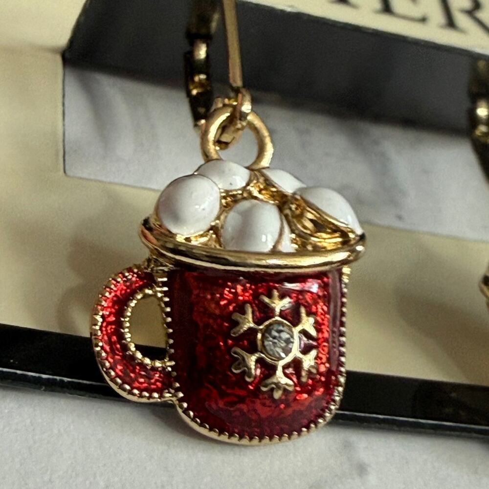 New NAPIER Hot Cocoa Mug Dangle Earrings Red Enamel Marshmallow Snowflake - Picture 5 of 5